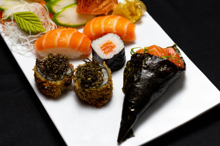 a plate of food with a slice cut out